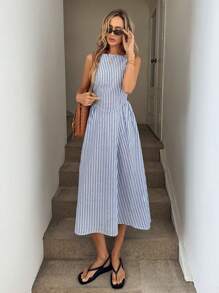 Easowa 圆领无袖收腰褶饰 A 字中长连衣裙，蓝白条纹，女士休闲度假优雅外套 - 藍色 - 查看 5
