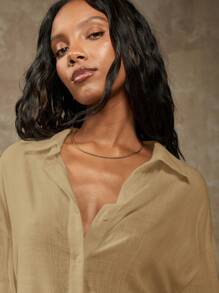 MISSGUIDED Oversized Beach Button Down Long Sleeve Shirt Lightweight Summer Vacation Resort Wear Chic Essential Casual Everyday Blouse - Camel - View 3