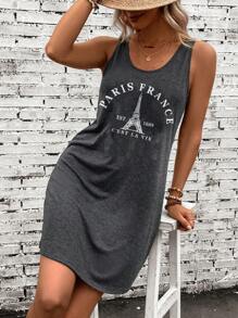 EMERY ROSE Simple Casual Paris Eiffel Tower Pattern Tank Top Dress, Cotton, Suitable For Summer, Retro,Dresses For Women Summer Suitable For Going Out - Dark Grey - View 5