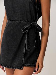 SHEIN Forever 21 女士纯色牛仔背带裤和连体裤，简约时尚，适合夏季 - 黑色 - 查看 7