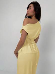 Aloruh Early Spring New Simple Solid Color Waist-Cinched Top With Straight Leg Pants 2Pcs Suit, Comfortable & Versatile Work Outfit - Yellow - View 6
