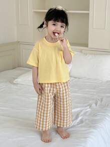 Dazy Kids 2pcs Baby Girl Solid Color Short Sleeve T-Shirt And Plaid Casual Loose Pants Homewear Set Toddler - Yellow - View 1