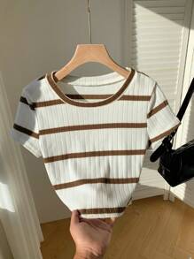 SHEIN Tween 女童休闲宽条纹短款圆领短袖 T 恤 - 摩卡棕 - 查看 8
