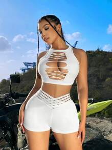 SHEIN SXY Low-Rise Women's Sexy Mesh Splice Short Leggings - White - View 4