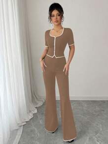 Elenzga 2 件套女士套装，前扣上衣和裤子，休闲优雅，适合通勤 - 咖啡棕 - 查看 5