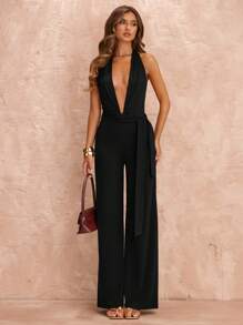 SHEIN BAE 夏季海滩度假紧身性感深 V 结假日连体裤，适合日常约会、夜间外出、夜总会、派对、聚会、鸡尾酒会、泳池派对、返校季服装、学校季节、假日服装、音乐节服装、乡村音乐节服装、音乐会服装