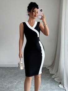 Elenzga Đầm bodycon không tay cài nút bên hông màu tương phản thanh lịch dành cho nữ, mùa hè - màu đen - Xem 1