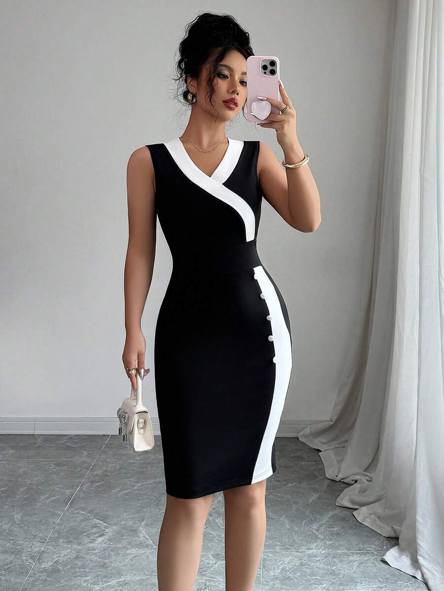 Elenzga Đầm bodycon không tay cài nút bên hông màu tương phản thanh lịch dành cho nữ, mùa hè - màu đen - Xem 1