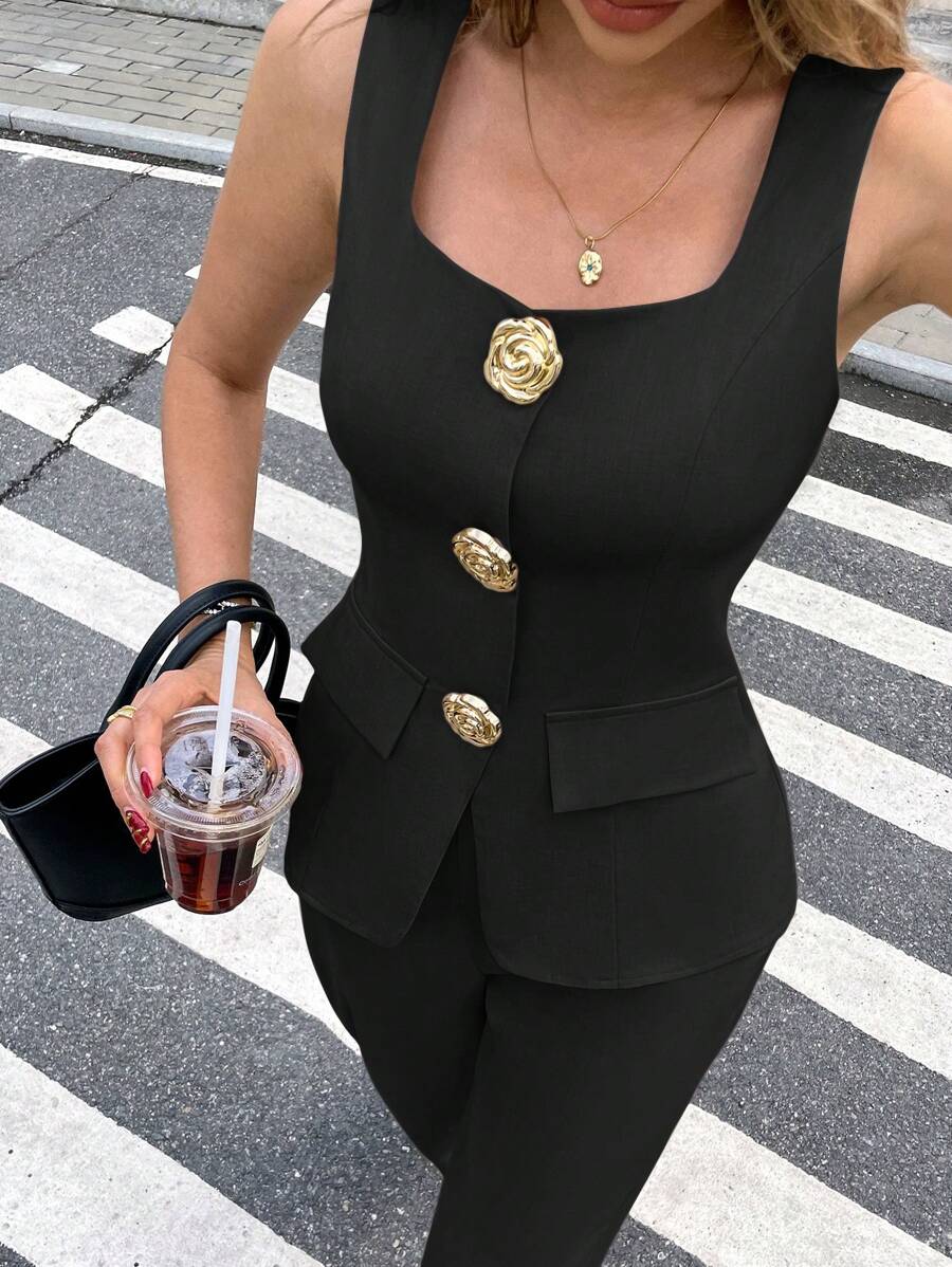 Serisse 2件套女士优雅金属花朵装饰背心和裤子套装 - 黑色 - 查看 1