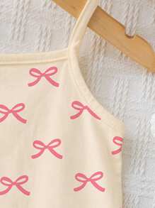 SHEIN 女婴可爱甜美粉色蝴蝶结印花米色休闲背带连体衣，适合春夏季 - 彩色 - 查看 4