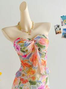 Soleia 2 件女士夏季度假套装：露肩扭花印花短款上衣和紧身荷叶边下摆长裙，适合派对、约会、户外度假、海滩、下午茶的浪漫装扮