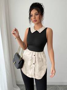 Elenzga Women's Mesh Patchwork Floral Jacquard Ruffle Hem Sleeveless Fashionable Blouse Beige - Apricot - View 4