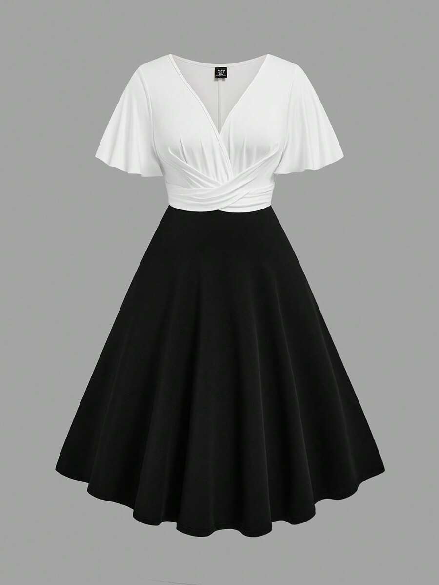 Rometta Women's Plus Size Simple Cross Wrap V-Neck Contrast Color Stitching Solid Color Hem Midi Dress Vacation Summer Women Outfit Spring Dress Elegant Formal Women Dresses Evening Dress Wedding Women Dress Easter Women Dress Graduation Dress Wedding Guest - Black and White - View 1