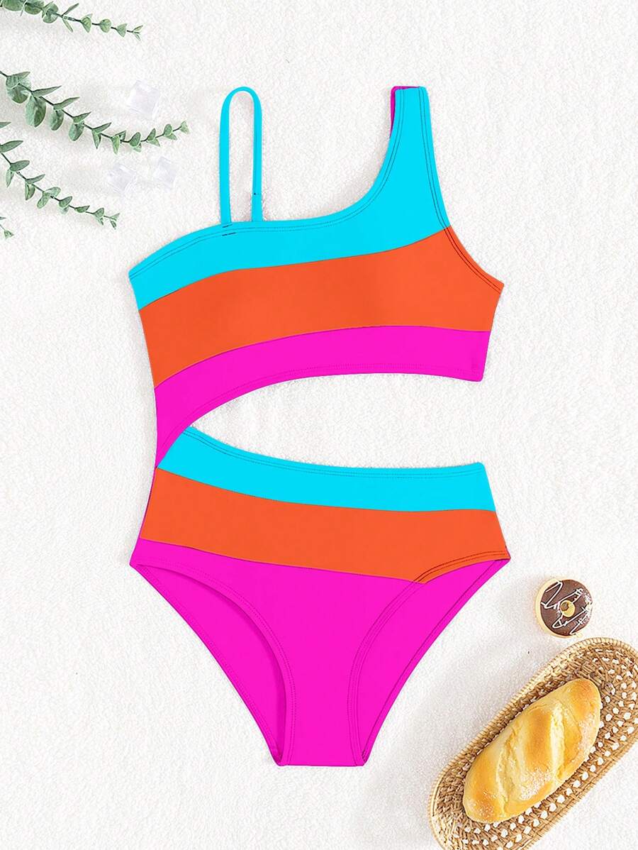 SHEIN Tween Girls Color-Block Asymmetrical Neckline Monokini, Waist Cutout Design Purple Beachwear Young Girls Sets Summer Young Girls Sets Swim Suits For Teens One Piece Swimming Suits For Teens Girls Swim Suit For Teens Girls - Multicolor - View 1