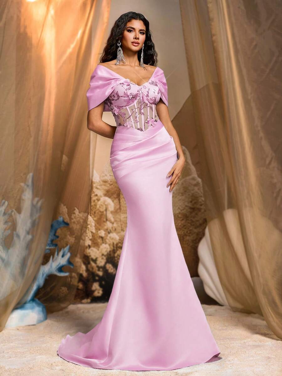 Glamrae Vestido de noche formal de satén de lujo con bordado de cuentas, manga murciélago, drapeado y bajo de cola de pez para mujer - Rosa Pálido - Ver 1