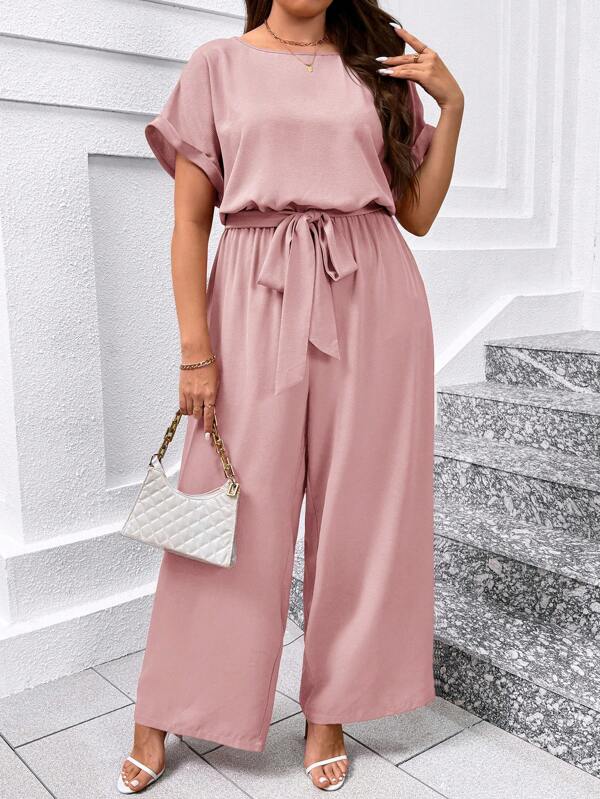 SHEIN Clasi Plus Size Elegant Round Neck Jumpsuit With Waist Belt And Wide Leg