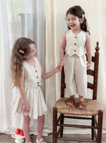 LMoss Kids LMoss Baby Girl Woven Plain Top And Loose Casual Pants Set, Setsisters Outfit - Apricot - View 3