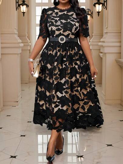 SHEIN Lady Spring And Summer Autumn And Winter Elegant Commuting Wedding Valentine's Day Office Colorful Woven Lace Round Neck Flared Puff Sleeve Ruffle Neck Midi Short Sleeve Plus Size Dresses Holiday Outfits Classy Outfits Fall Clothes Curve