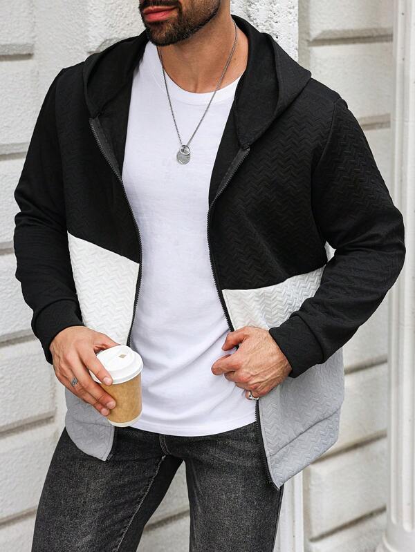 Manfinity Homme Plus Size Men's Textured Color Block Hoodie Sweatshirt