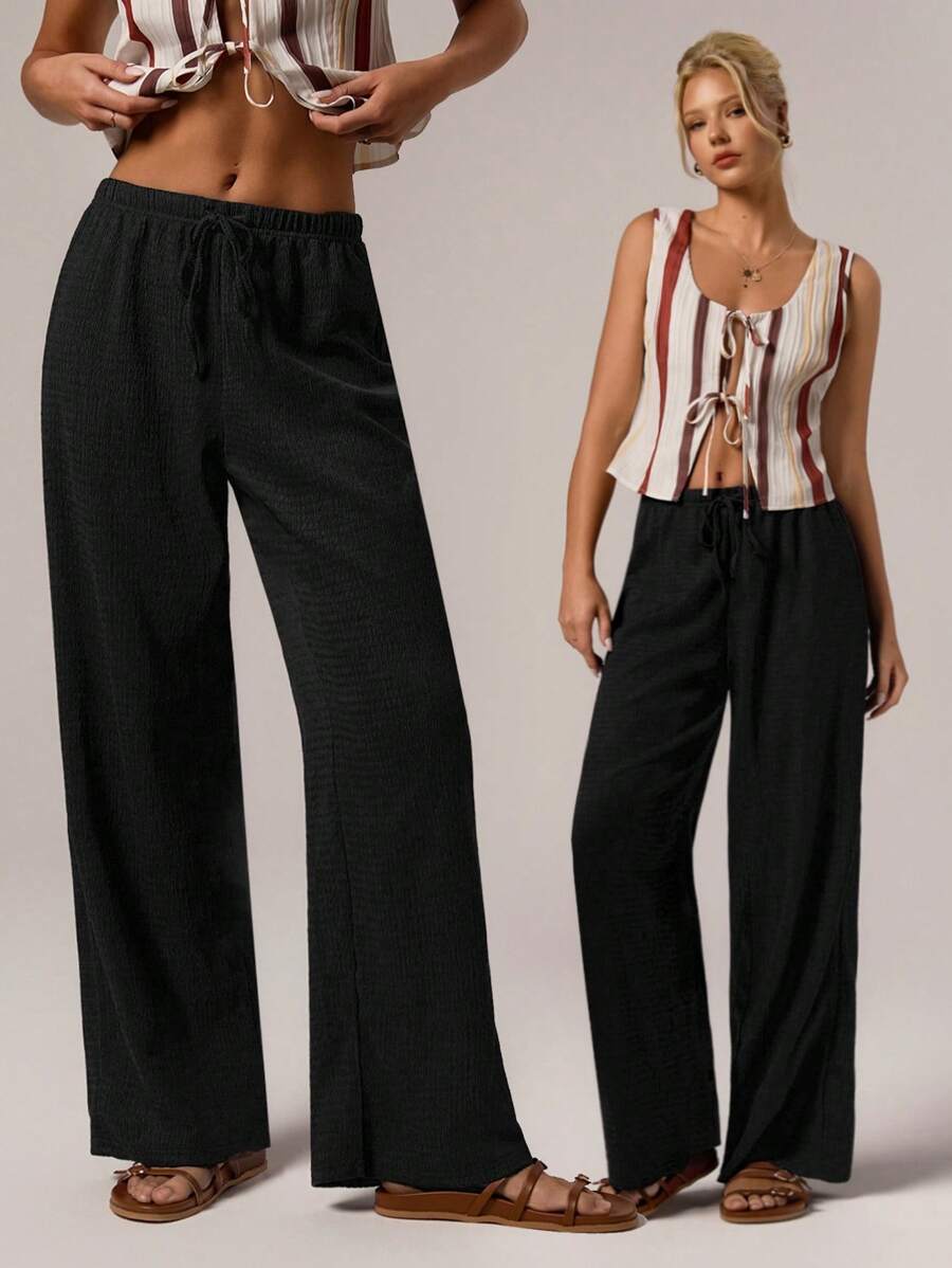 SHEIN Forever 21 Quần áo mùa hè Curve Beachwear Quần áo đi biển Quần áo mùa hè Tiệc trà Kỳ nghỉ bãi biển Quần áo thường ngày cho phụ nữ Quần áo mùa hè Vải màu nâu Quần dài lưng thun, Quần áo Bohemian - màu đen - Xem 1