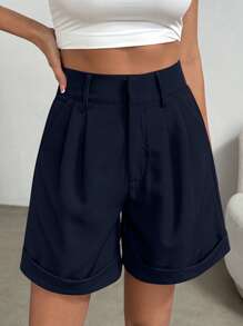 Celisse Women's Pleated Solid Color High Waist Casual Shorts For Summer - Navy Blue - View 4