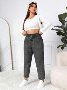 SHEIN EZwear Jeans casuales y versátiles de talla grande con cintura tipo bolsa de papel y bolsillos