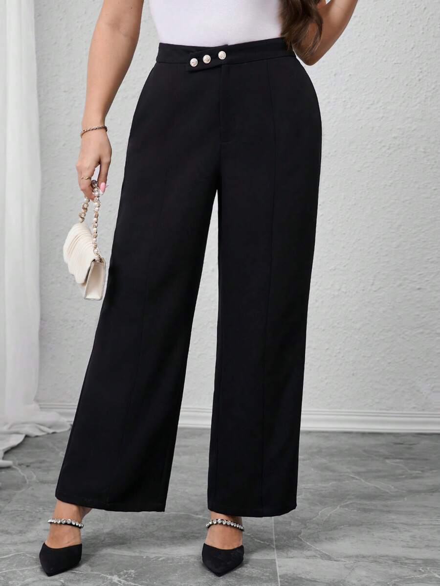 Modelyn Plus Size Women's Solid Color Waist Button Design Wide Leg Casual Pants - Black - View 1