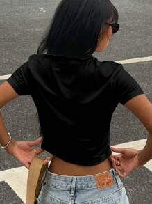 Muchica Camiseta de manga corta de mujer con cuello redondo, decoración de strass, eslogan y estampado de letras, de estilo minimalista casual, adecuada para el verano