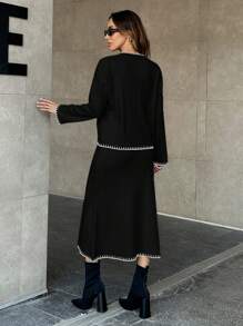EURMUSE Women Solid Color Rib Knit Handmade Stitch Detailed Sweater & Sweater Skirt Set,Petite,Winter Clothes - Black - View 3