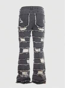 ROMWE MEN Grunge Punk Jeans de mezclilla casuales para hombre con dobladillo deshilachado y lavado distressed