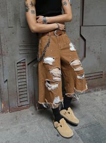 PAVTROS 大码男士做旧阔腿牛仔短裤 - 咖啡棕 - 查看 7