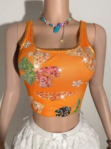 Slaydiva 2025 Neue Sommer Ankunft Sexy Lässig Urlaubsstil orangefarbener figurbetonter floraler Pailletten-Stickerei Muster Damen Chiffon Bademodenstrandkleid, geeignet für Musikfestivals, Ostern, Strandurlaub, Alltagsmode, Abschlussfeier, Sexy Club, Geburtstagsparty, Boho-Stil