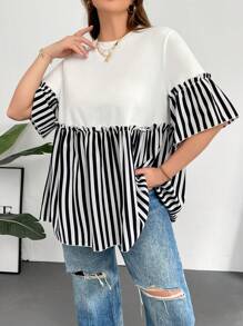 SHEIN Essnce 大码女式夏季上衣、女式娃娃上衣、条纹拼布上衣、户外上衣、修身上衣 - 白色 - 查看 5