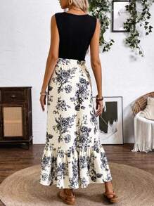 EMERY ROSE Váy dài bất đối xứng in họa tiết mùa xuân/hè (Áo vest dệt kim dài vừa phải & váy dệt, họa tiết lá) Trang phục đi biển dài đến đầu gối cho nữ - Nhiều màu - Xem 2