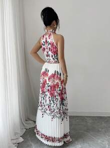 Elenzga Vestito lungo casual da donna senza maniche, con colletto alla coreana, stampa floreale francese elegante, con cintura e dettagli plissettati, adatto per primavera/estate