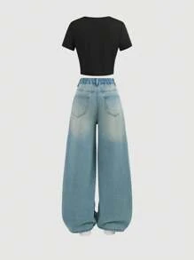 Girlism Bộ áo phông họa tiết bướm denim Y2K cho bé gái tuổi teen và quần jeans ống rộng màu xanh - Rửa nhẹ - Xem 2