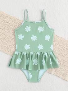 Infant/Toddler Girls' Summer Beach Vacation New Turtle Digital Print Ruched One-Piece Swimsuit Toddler Girl Beach Clothes Summer Clothes For Toddlers Summer Dresses For Toddler Girl Toddler Dresses Summer - Green - View 7