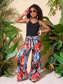 SHEIN Leap Crew Tween Girl Vacation Spaghetti Strap Top And Pants 2 Pieces Set, Suitable For Holiday - Orange - View 3