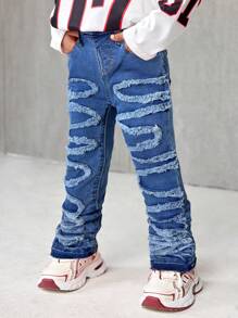 SHEIN Young Boy Street Cool Raw Edge Patchwork Simple High Stretch Jeans, For Kids Fall Winter Outdoor And Daily Wear Clothes - Medium Wash - View 6