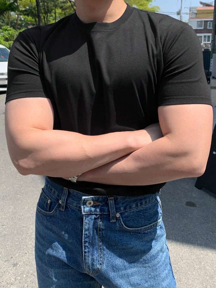 Black Slim Fit Short Sleeve T-Shirt For Men, Summer