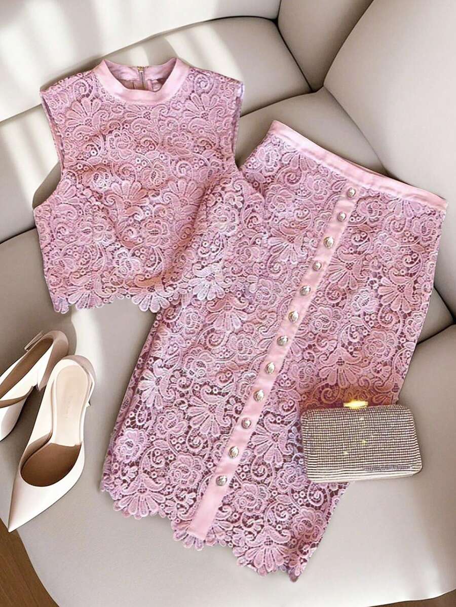 SHEIN Tall Plus Size Summer Elegant Solid Color Lace Camisole And Skirt 2 Pieces Set - Baby Pink - View 1