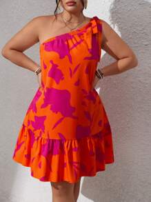 Sunserae 加大码露肩系带前褶边下摆无袖 A 字裙，适合女士春夏海滩装 - 橘色 - 查看 1