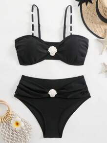 SHEIN Swim Ensemble femme composé d'un Top court bustier de couleur unie pour vacances et plage avec détail de sangle en faux perles coquillages et d'un pantalon taille haute, été - Noir - Voir 3