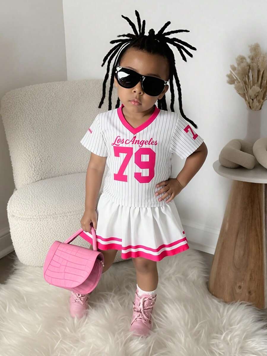 SHEIN 2 件套女婴运动衫和百褶裙套装，适合春夏季，0-3 岁 - 玫紅色 - 查看 1