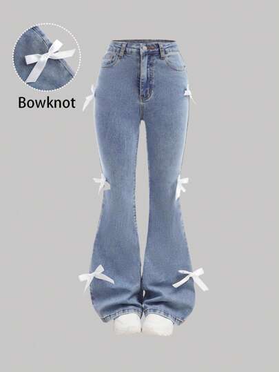 SHEIN Tween Girl Y2K 可爱粉色蝴蝶结装饰高腰喇叭牛仔裤