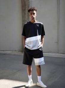 Vacaura Boy Summer Outfit  2pcs/Set Casual Colorblock T-Shirt And Elastic Waist Pants Set For Teenage Boys