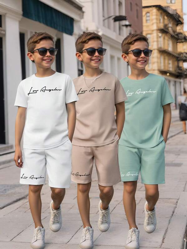 SHEIN Set de 3 camisetas de manga corta cuello redondo con estampado gráfico, de ajuste holgado, para niños / adolescentes, versátiles para la escuela, el jardín, la playa, fiestas de cumpleaños, primavera, verano, otoño e invierno