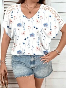 Rusticease Plus Size Women V-Neck Floral Print Casual Versatile Daily Wear T-Shirt - Multicolor - View 3