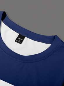 Manfinity Homme Men's Summer Letter Striped Crew Neck Short Sleeve Casual T-Shirt - Navy Blue - View 3