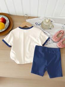 SHEIN Young Girl Vintage Western Landscape Print Casual Short Sleeve Round Neck T-Shirt And Shorts 2 Pieces Outfit, Suitable For Summer